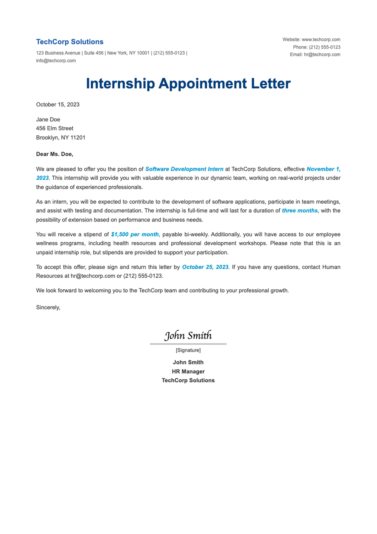 Professional internship appointment letter template with blue header design_variant_3